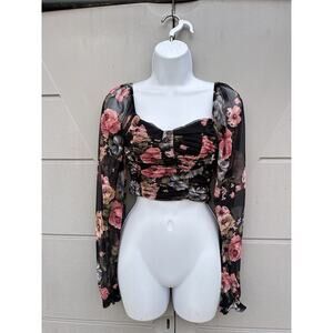 Evolution Made USA Mesh Crop Top Dark Floral Combo Sweetheart Neck Ruched Sz M